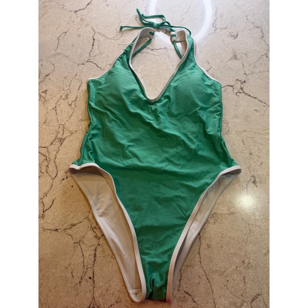 NWT Relleciga Green & White Halter One-Piece Swimsuit - Large - Open Back